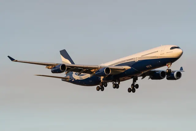 Airbus A340 - 9H-SUN from Hy Fly Malta during landing at LFBT airport.