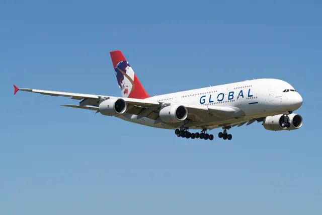 Airbus A380 - 9H-GLOBL from Global Airlines landing at LFBT airport.