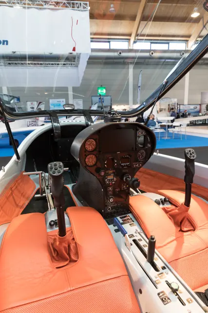 The Taurus's side-by-side cockpit at AERO Friedrichshafen 2018.