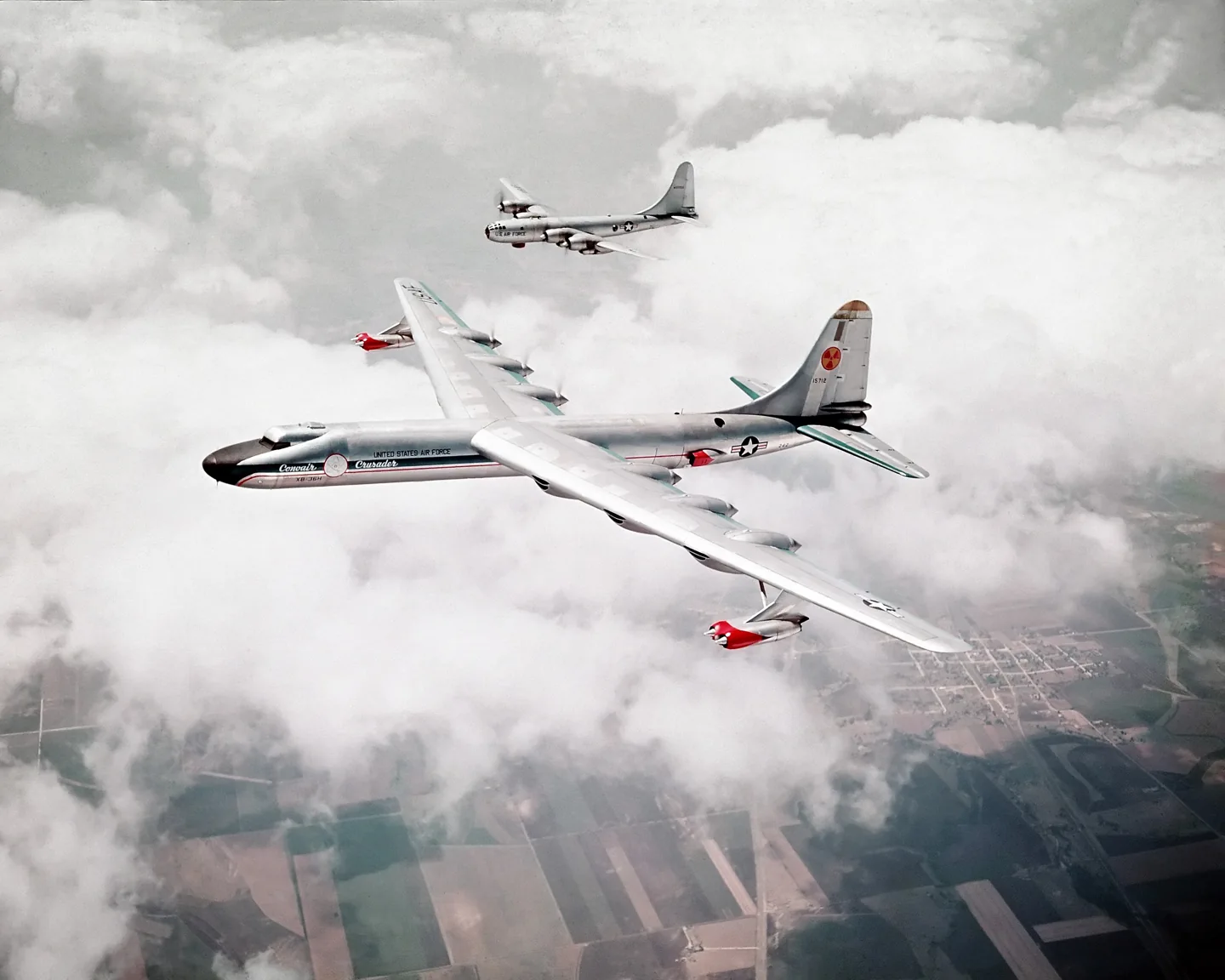 The Convair NB-36H was a modified B-36H nuclear testbed; here it flies with a B-50 chase aircraft in 1955.