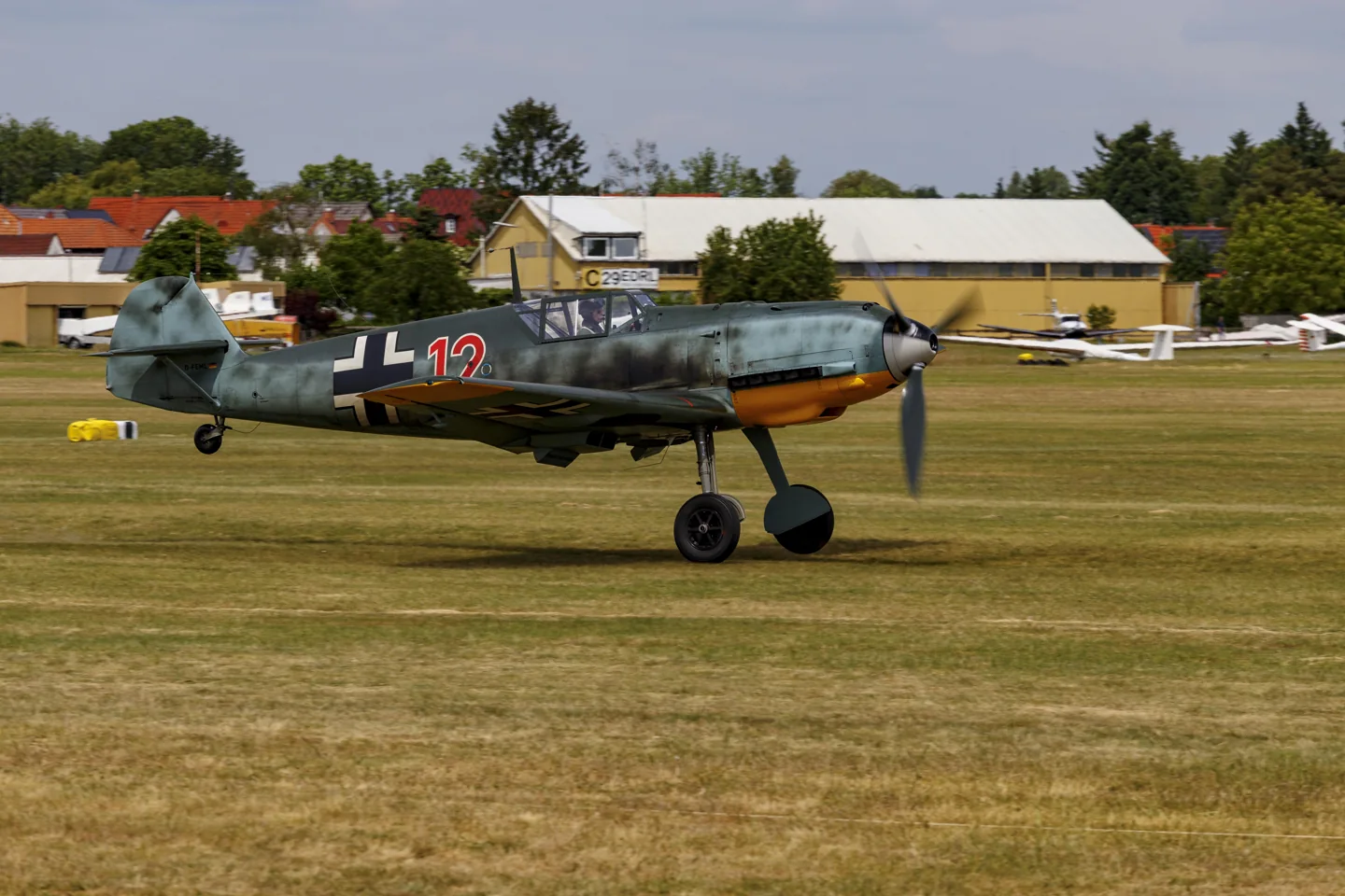 Messerschmitt Bf 109 E-4 beginning takeoff at Lachen-Speyerdorf.