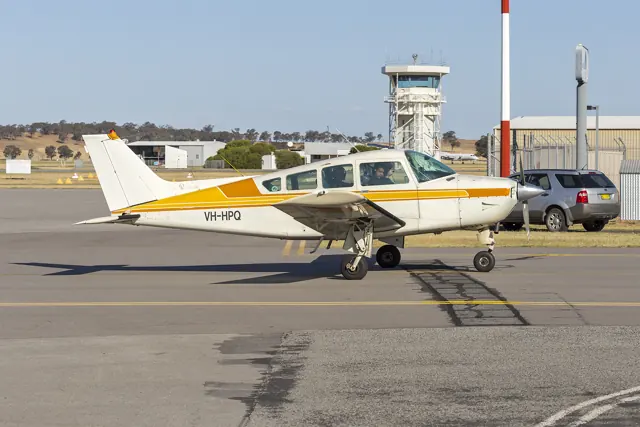Beechcraft C24R Sierra VH-HPQ on the ramp at Wagga Wagga Airport.