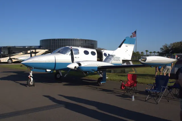 Cessna 414 N882BC on display. This is an early 414 family example, not the Flysimware RAM IV aircraft.