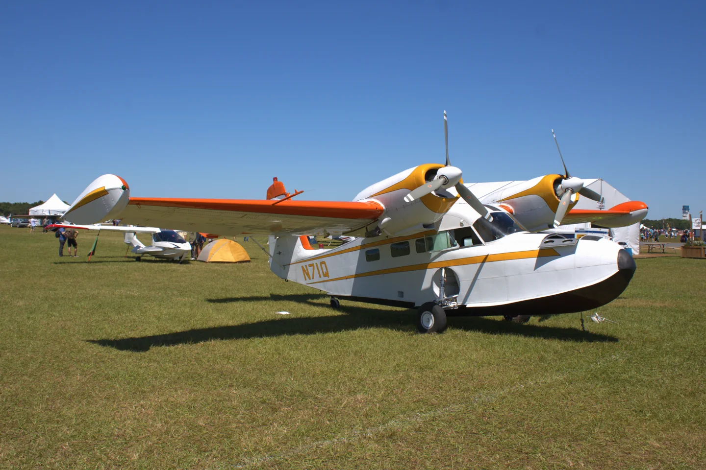 Grumman G-44A Widgeon N71Q at an airshow. Surviving Widgeons may have engine and propeller conversions.