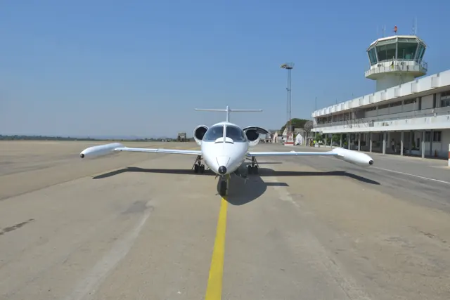 A Learjet 35 viewed head-on on the apron.