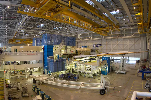 A partially-complete A350-900 XWB (destined for Finnair ) on the Toulouse assembly line , December 2014