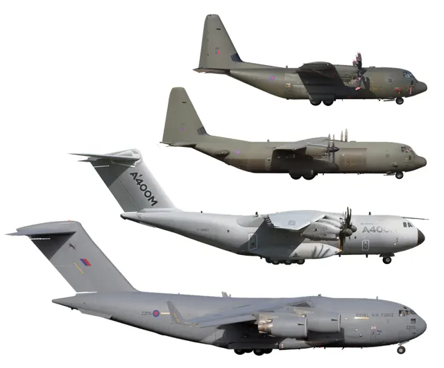 Photographic size comparison: C-130, C-130J-30, A400M and C-17, from top to bottom. This is a composite image.