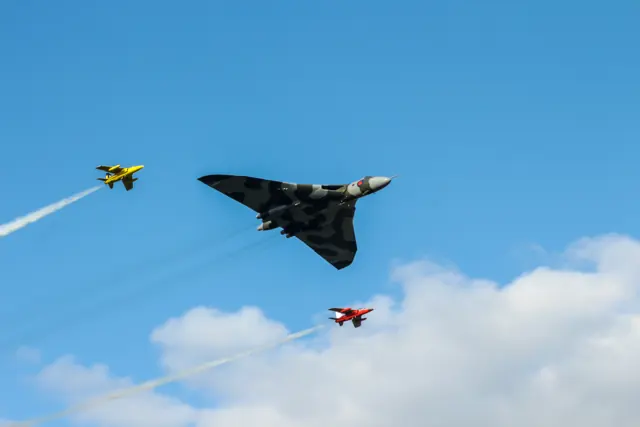 XH558 with two Folland Gnats, at an airshow in 2015