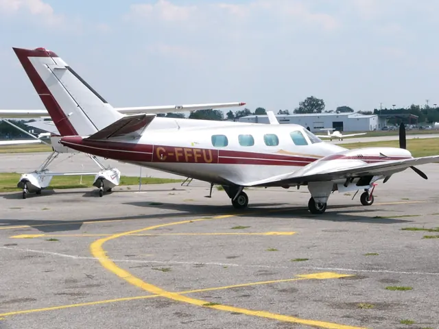 Three-quarter rear view of a Beechcraft 60 Duke showing the highly swept stabilizer