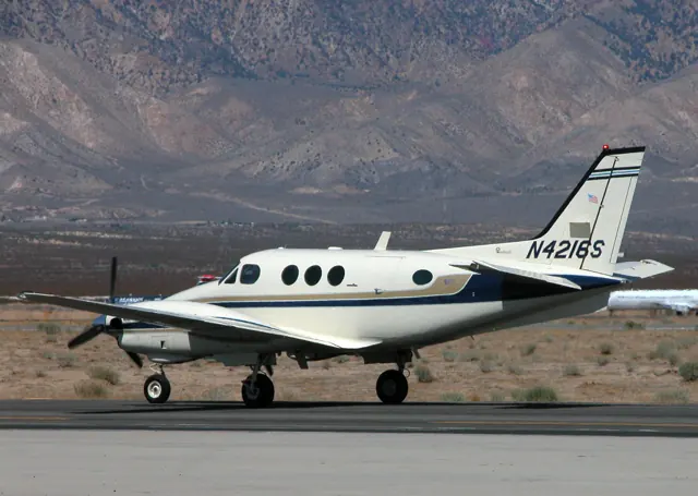 An E90 King Air taxis at the Mojave Spaceport