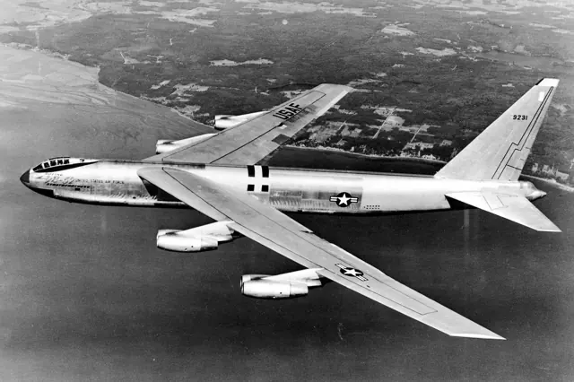 Side view of YB-52 bomber, still fitted with a tandem cockpit, in common with other jet bombers in US service, such as the B-45 Tornado , B-47 Stratojet and Martin B-57 Canberra