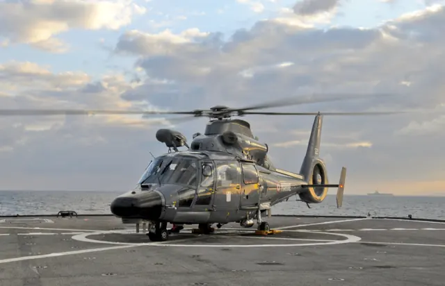 A French Navy AS365 F Dauphin aboard USS Mount Whitney during Opération Harmattan , 2010