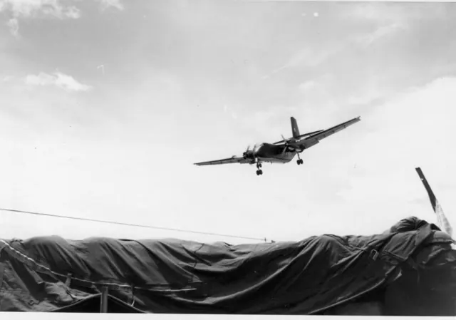 A Royal Australian Air Force Caribou transport aircraft on landing approach, Vietnam War