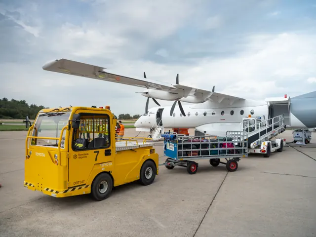 Ground crew conducts a turnaround test of Heart Aerospace’s X1 prototype , loading baggage and preparing the aircraft for simulated flight in September 2024.