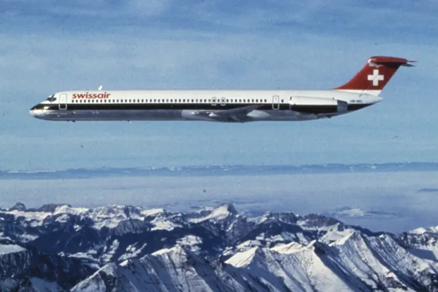 An MD-81 of the type's launch operator, Swissair . It was certified by the FAA in August 1980.