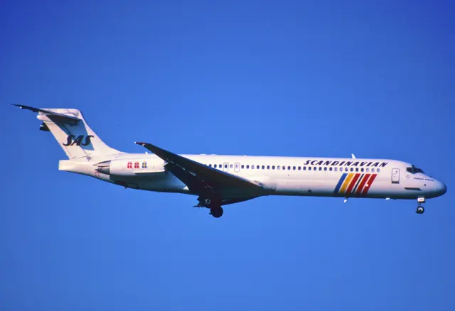 An MD-87 operated by Scandinavian Airlines . The shortest variant, certified in October 1987.