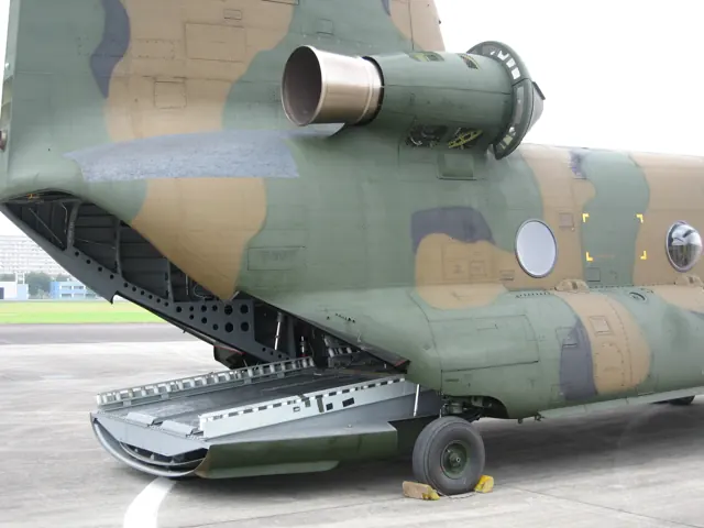 A Chinook with its rear ramp lowered